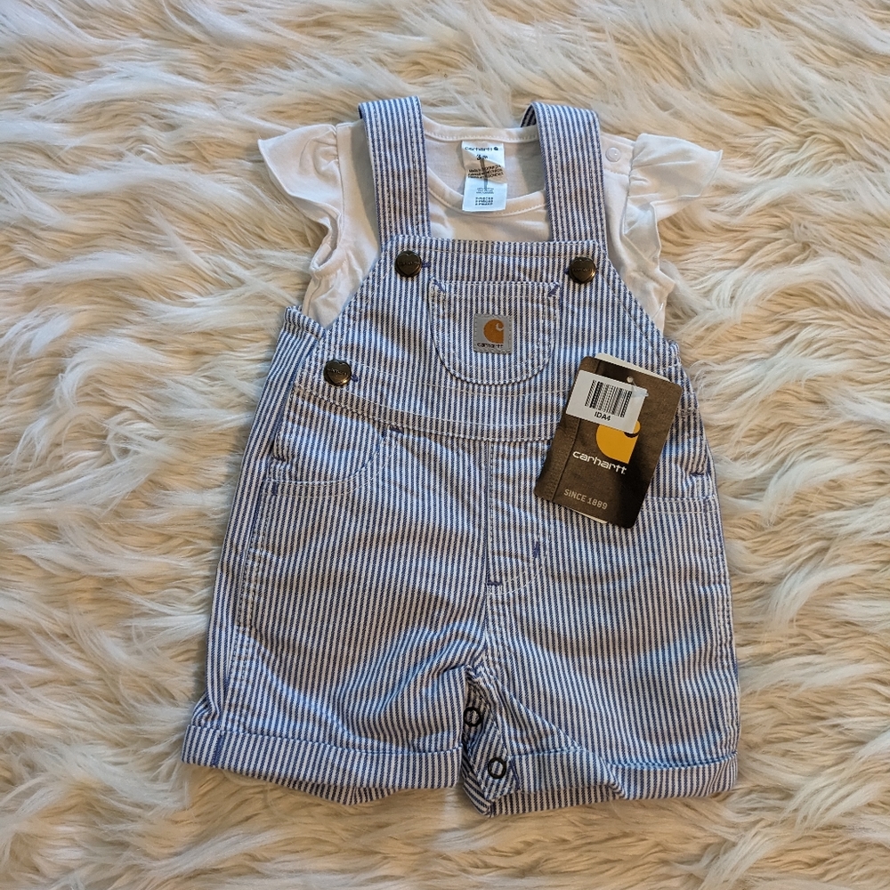 Carhartt Blue & White Striped Overalls, White Flutter Sleeve 2 Piece Set, 3M NWT